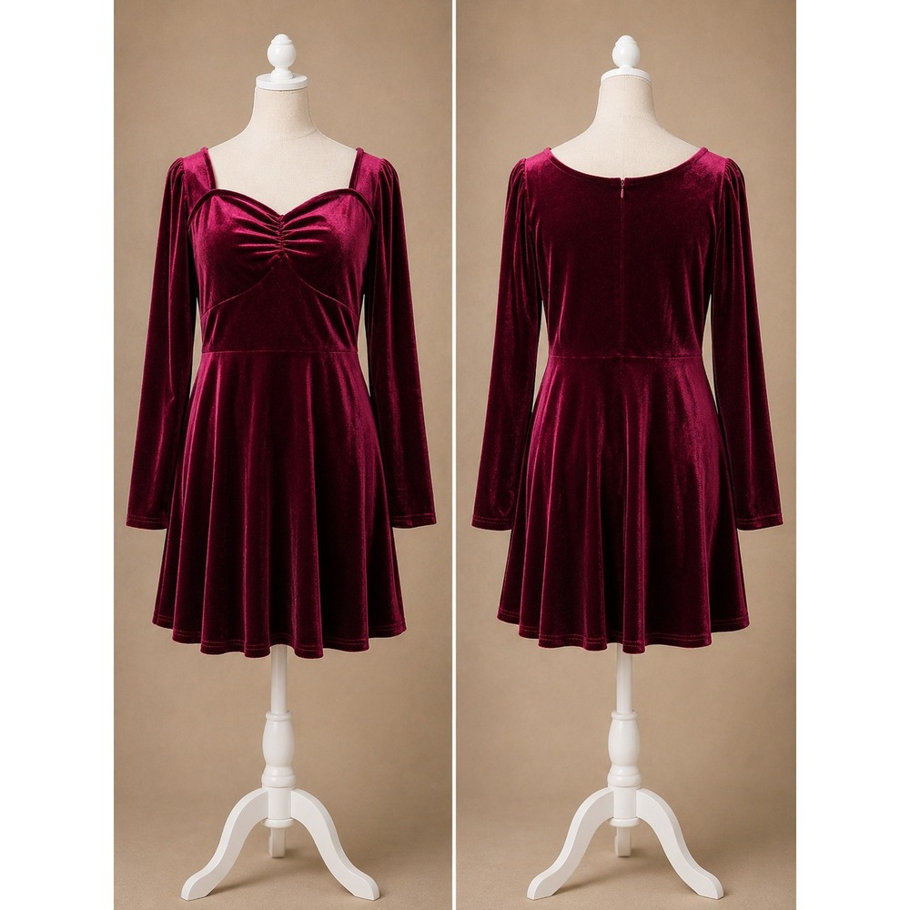 Burgundy Velvet Mini Dress 1XL Sweetheart Neck Holiday Party Dress